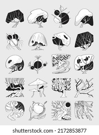Hand drawn vector illustration set of side view fantasy trees isolated on white background.