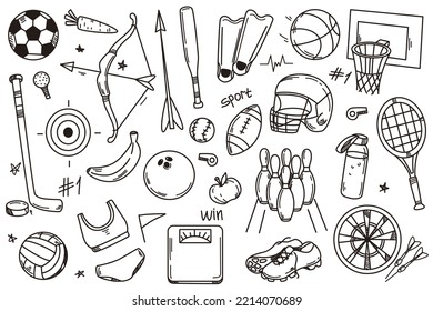 Handgezeichnete Vektorgrafik-Set von Sportdoodle-Symbolen. Sportausrüstung und Zubehör mit Kugeln, Schläger, Helm, Flossen, Waage, Schuhen, Badebekleidung und gesundem Essen. Sammlung von Design-Elementen