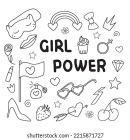 Hand drawn vector illustration set of girl power. Isolated on white background