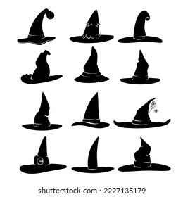 Hand drawn vector illustration of a set of magic hats in the black silhouette of isolated on a white background.
