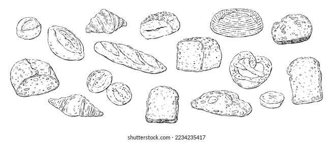 Hand drawn vector illustration set of bakery.