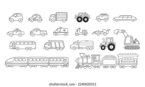 hand drawn Vector illustration set of transportation vehicle car and trains icons