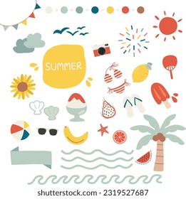 hand drawn vector illustration set of summer holiday vibe sticker pack. Cute vacation elements doodle in flat style design