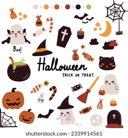 hand drawn vector illustration set of halloween holiday festive sticker pack. Cute halloween elements doodle in flat style design