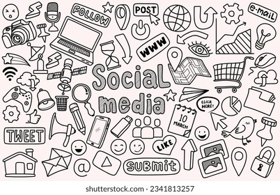 Hand drawn vector illustration set of social media sign and symbol doodles elements. 