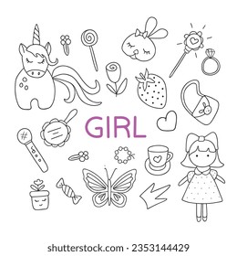 hand drawn vector illustration set of toys for girls doodle style.