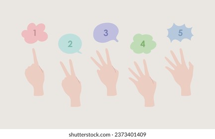 hand drawn vector illustration set of pastel flat hand gesture. Hand showing number counting, one, two, three, four, five. Nursery concept