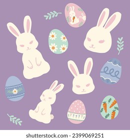 hand drawn vector illustration of a set of Easter design elements. Cute elements doodle collection in flat style. for poster, card, scrapbooking, invitation, graphic resource, social media, print