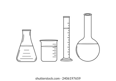 Dibujo manual Vector conjunto de ilustraciones de vidrio químico médico, vidrio de beaker, erlenmayer flask científico en forma de doodle