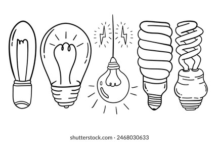 Conjunto de bombillas de Ilustración vectorial dibujado a mano. Muy adecuado para representar electricidad, ideas, conocimiento, educación y otros.