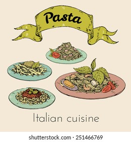 hand drawn vector illustration. set of various national Italian pasta. sea, carbonara, bolognese.