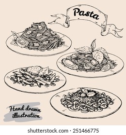 hand drawn vector illustration. set of various national Italian pasta