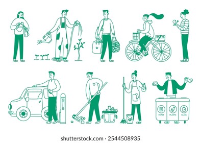 Hand drawn vector illustration set of people, caring about ecology, waste sorting, green energy, transport. Save the planet concept. Doodle style