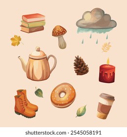 Hand drawn vector illustration set of autumn season decorative elements with leaves, pumpkins, acorns, and fall plants.