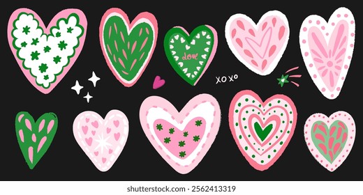 Hand drawn vector illustration set of colorful abstract heart shapes for design.