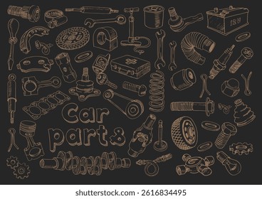 Hand drawn vector illustration set of car parts sign and symbol doodles elements. Isolated on black.