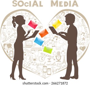 Hand drawn vector illustration set of social media sign and symbol doodles elements. Isolated. silhouettes of young people communicating through the Internet.