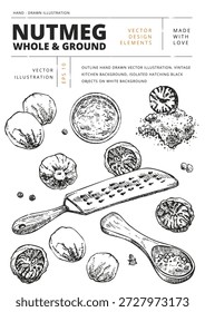 Handgezeichnete Vektorgrafik-Set aus Vollnuss und gemahlener Muskatnuss mit Reibe und Löffel. Gewürzelemente im Vintage-Gravierstil für Verpackung, Rezepte, Etiketten und kulinarisches Design.