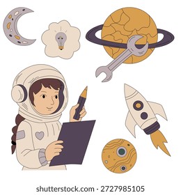 ilustração de vetor desenhado à mão conjunto com menina astronauta, foguete, planetas, lua e elementos criativos do espaço.