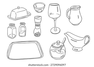 Hand drawn vector illustration set of kitchen utensils and tableware including dishware, glassware and condiment containers in outline style. The concept represents cooking preparation