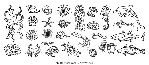 Conjunto de Ilustración vectorial dibujado a mano de vida marina submarina con pulpo, caballito de mar, cangrejo de marisco, conchas marinas de estrellas de mar de langosta. Estilo moderno del boceto y del arte de la línea, sentimiento costero del océano