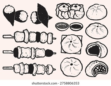 Hand drawn vector illustration set of Asian street food and dim sum, steamed buns (baozi), dumplings, BBQ skewers, Shumai (shaomai), Roasted sweet potato. Clip art line drawing sketch style for branding, food shop, poster, banner.