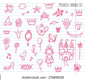 Hand Drawn Vector Illustration Set Of Princess Sign And Symbol Doodles Elements.