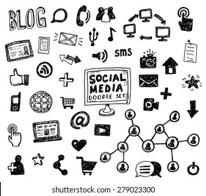 Hand drawn vector illustration set of social media sign and symbol doodles elements. 