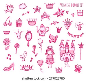 Hand drawn vector illustration set of princess sign and symbol doodles elements.