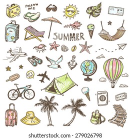 Hand drawn vector illustration set of travel and summer vacation sign and symbol doodles elements. 