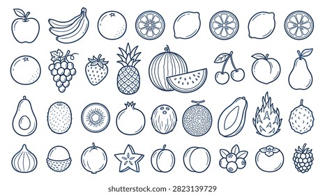 Hand drawn vector illustration set of fruit doodle icons. Collection features various healthy fruits including apple, banana, orange, lemon, watermelon, cherry, peach, pear, avocado, kiwi, pomegranate, coconut, melon, papaya, dragon fruit, rambutan, fig, lychee, starfruit, apricot, blueberry, persimmon, and raspberry.