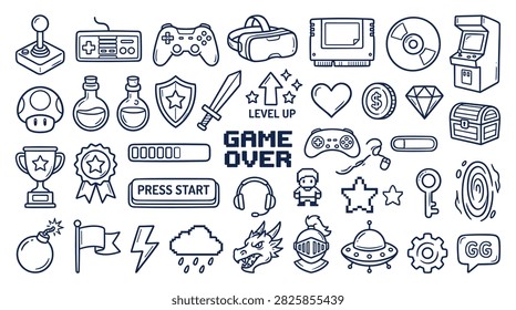 Hand drawn vector illustration set of game doodle icons. Collection features retro and modern gaming elements including joysticks, controllers, VR headsets, cartridges, arcade machines, mushrooms, potions, shields, swords, level up, hearts, coins, diamonds, chests, trophies, badges, press start, headphones, pixel characters, keys, portals, bombs, flags, lightning, pixel clouds, dragons, helmets, UFOs, gears, and good game.