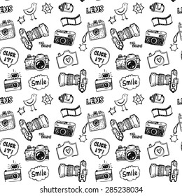 Hand drawn vector illustration set of photography sign and symbol doodles elements. 