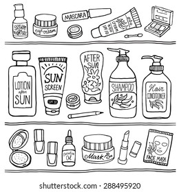 Hand drawn vector illustration set of make up and cosmetics. Black and white make up collection for shop and spa.
