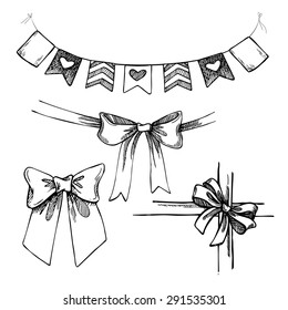 Hand drawn vector illustration - set of flags and ribbons. Graphic elements for design creation, postcards, banners and invitations.