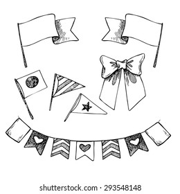 Hand drawn vector illustration - set of flags and ribbons. Design elements for creation cards, posters, invitations