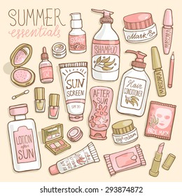 Hand drawn vector illustration set of make up and cosmetics. Sketch of make up collection for shop and spa. Pastel colors