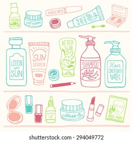 Hand drawn vector illustration set of make up and cosmetics. Doodle make up collection for shop and spa.