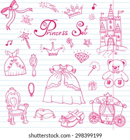 Hand drawn vector illustration set of princess sign, Castel, throne and carriage, magic wand, mirror, stuffed toy, croun and jewlery, cute items doodles elements