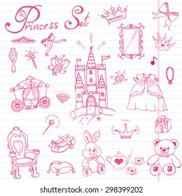 Hand drawn vector illustration set of princess sign, Castel, throne and carriage, magic wand, mirror, stuffed toy, croun and jewlery, cute items doodles elements