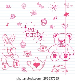 Hand drawn vector illustration set of tea party with stuffed toys, tea pot, cups, pancakes, sweets birds and butterflies, cute items doodles elements.