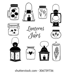 Hand drawn vector illustration - Set of Lanterns and Jars. Design elements.