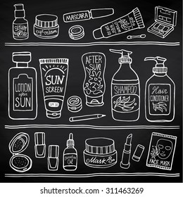 Hand drawn vector illustration set of make up and cosmetics. Black and white make up collection for shop and spa on chalkboard.