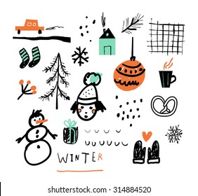 Hand drawn vector illustration set of winter doodles elements. Isolated on white background.