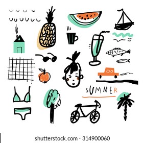 Hand drawn vector illustration set of travel, tourism and summer doodles elements. Isolated on white background.