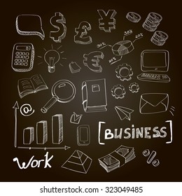 Hand drawn vector illustration set of business planning doodles elements.  Isolated on a chalckboard