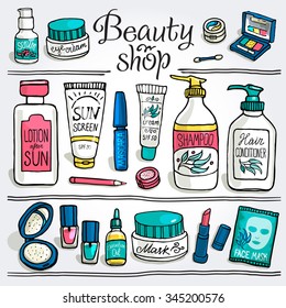 Hand drawn vector illustration set of make up and cosmetics. Make up collection for beauty shop and spa.