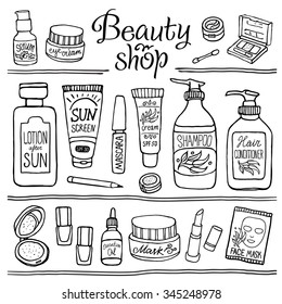 Hand drawn vector illustration set of make up and cosmetics. Black and white make up collection for shop and spa.
