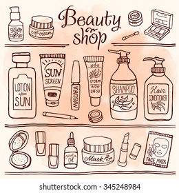 Hand drawn vector illustration set of make up and cosmetics. Make up collection for shop and spa on watercolor background.