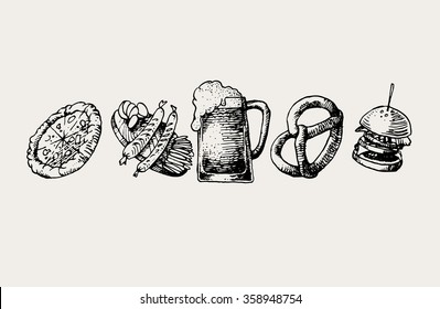 Hand Drawn Vector Illustration Of Set Of Pub Food With Beer, Pizza, Sausage, Pretzel, Hamburger. For Pub Label, Menu Or Oktoberfest Sign